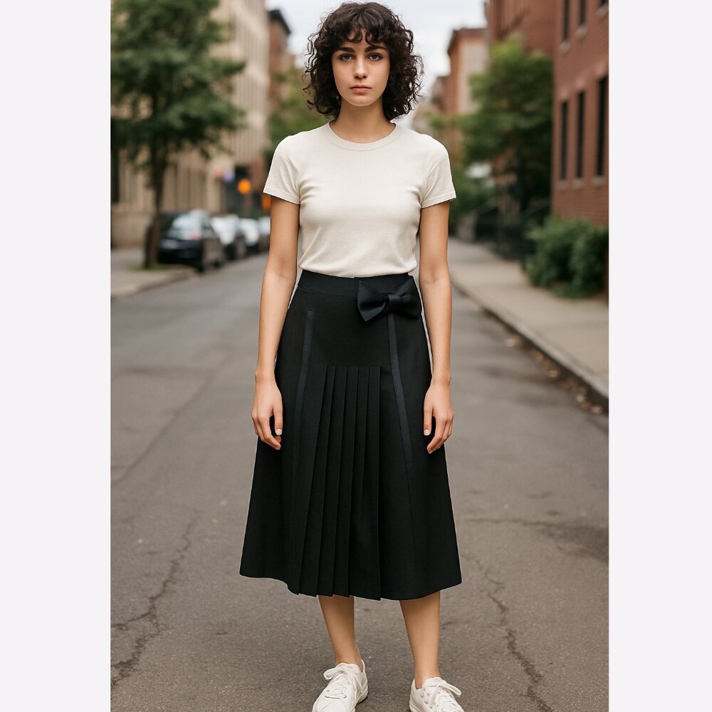 Theory Rima Charm Black Pleated Midi Skirt Bow Silk Viscose Party Workwear Sz 10 - Picture 1 of 12